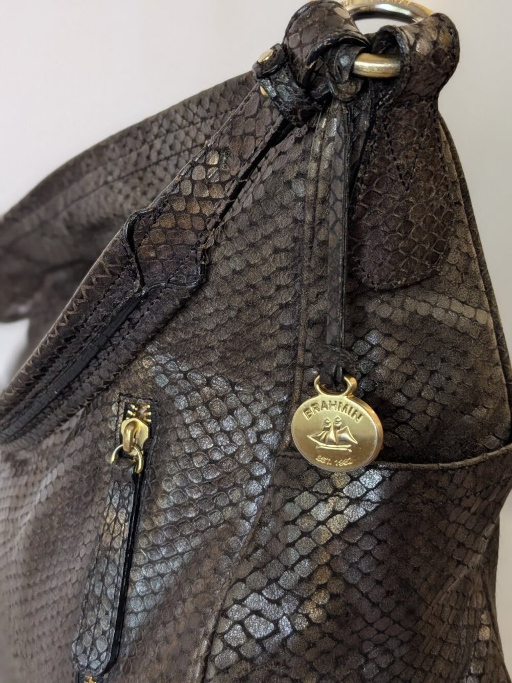 Brahmin Metallic Bronze Embossed Leather Hobo Shoulder Bag Dust Bag - Picture 5 of 12